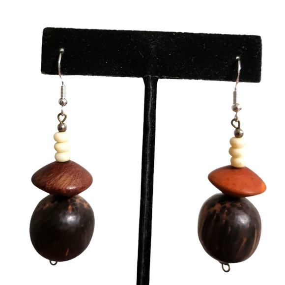Earthy Wooden Bead Earrings from Ghanaian Artisan - Picture 1 of 2